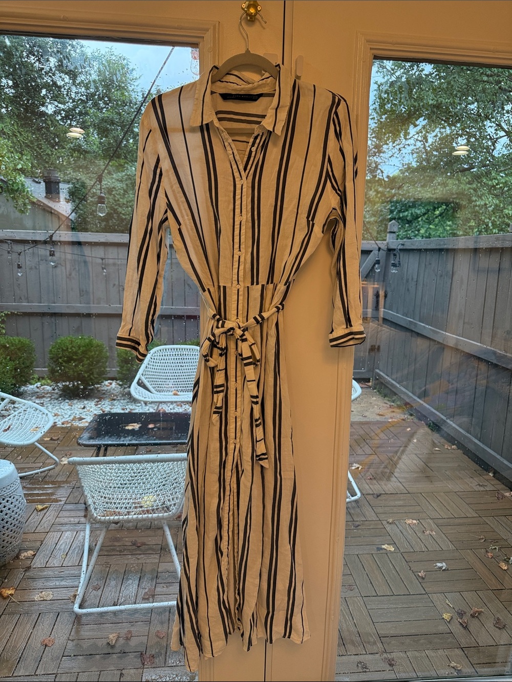 Zara White Dress with Navy Vertical Stripes and Waist Tie